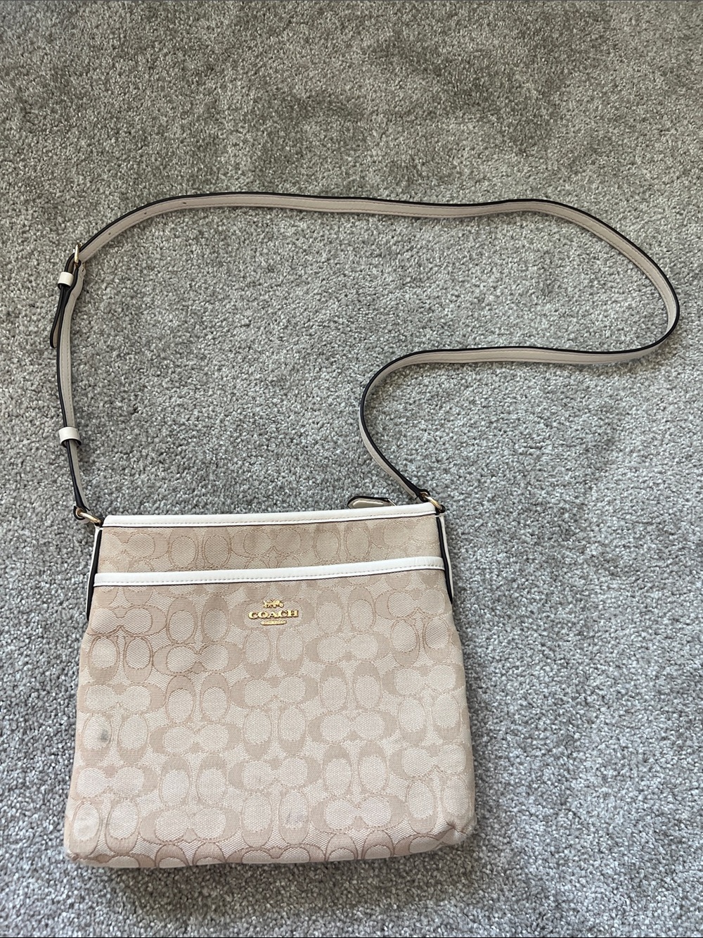 Coach Beige Signature Crossbody with White Trim and Gold Hardware
